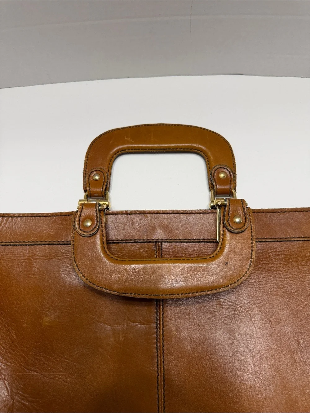 Men's Tan Leather Top-Handle Briefcase with Brass Accents